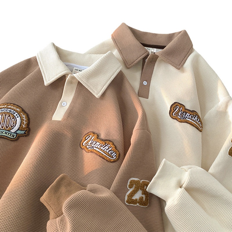 boy Boy Waffle Polo Sweatshirt For Men Spring Autumn Ins Trendy Brand Embroidered Turn-down Collar American Retro Heavyweight_voghion.com
