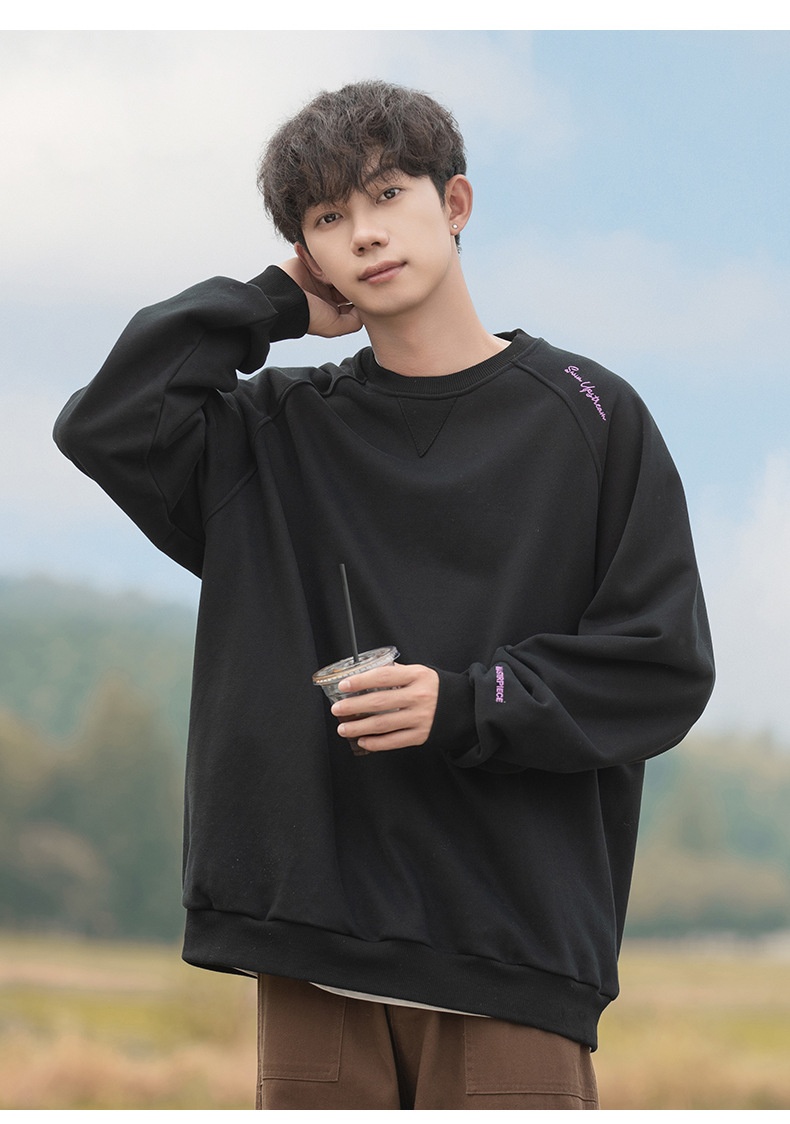 boy Boy Boy Heavyweight 400G Spliced Raglan Sleeve Crew Neck Sweatshirt Men Spring New American Style Letter Embroidery Casual_voghion.com