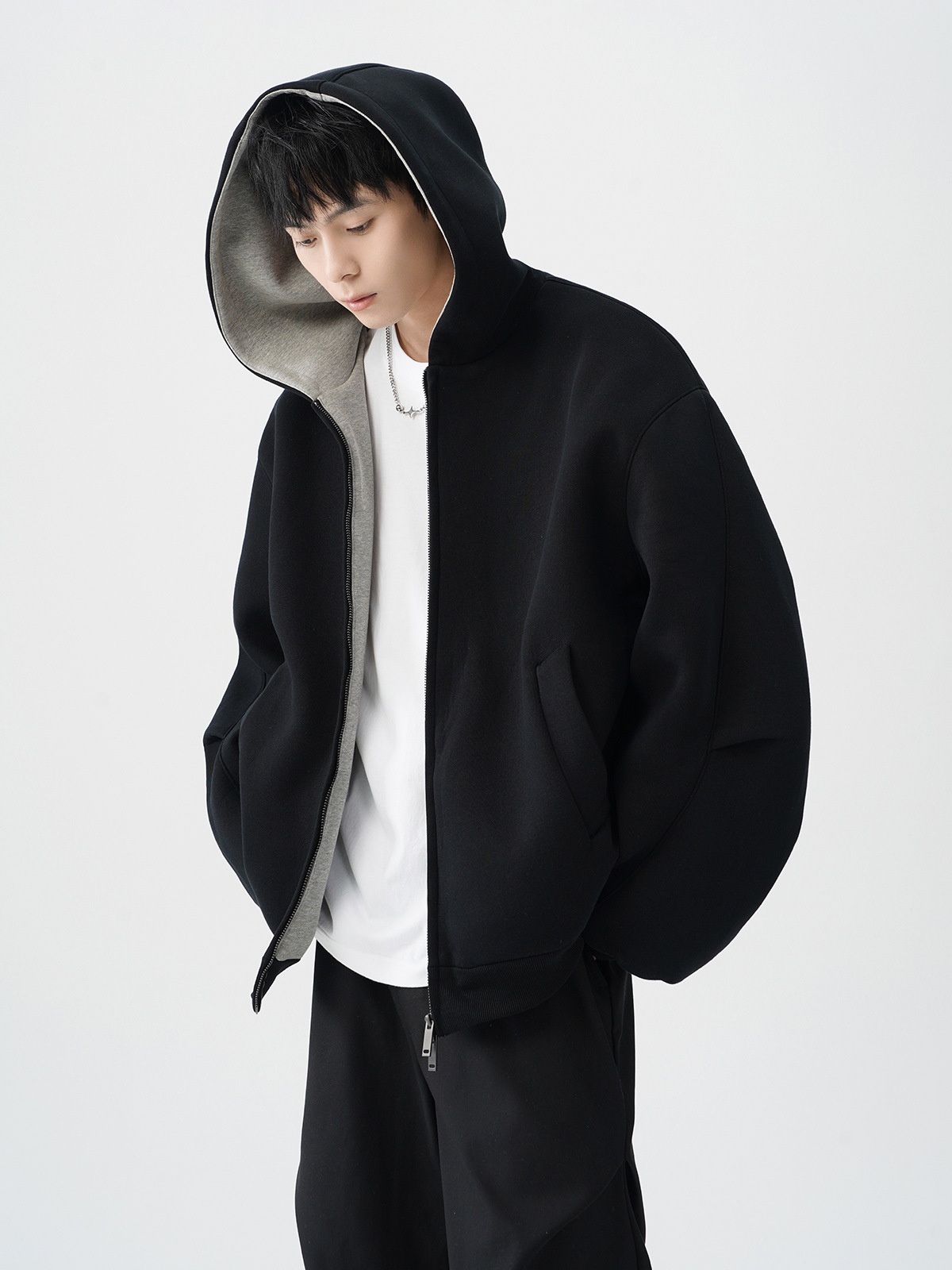 boy Boy Double Zipper Heavyweight Cardigan Sweatshirt Men's Trendy Loose Casual Stiff Color-Block American Retro Hoodie Jacket_voghion.com