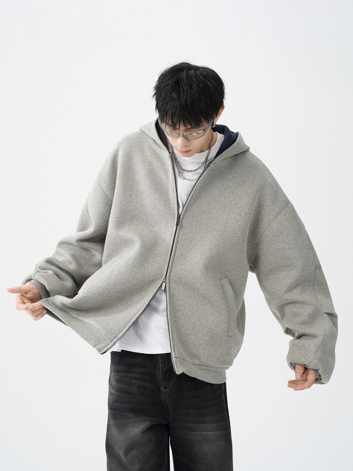 Herren-Cardigan mit doppeltem Reißverschluss, schweres Material, trendig, locker, lässig, steif, farblich abgesetzt, amerikanischer Retro-Hoodie_voghion.com