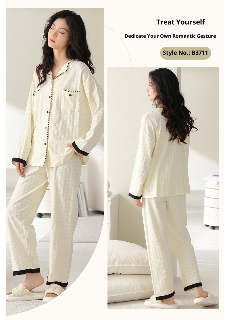 Pigiama da donna in puro cotone con motivo pied de poule ChicShe, primavera-estate, nuovo cardigan con colletto rovesciato e maniche lunghe_voghion.com