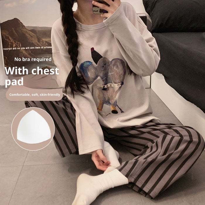 ChicShe Source Factory Stretch Cotton-Like Long-Sleeve Pajamas With Chest Pads Girls, Cartoon Round Neck, Suitable For Spring_voghion.com