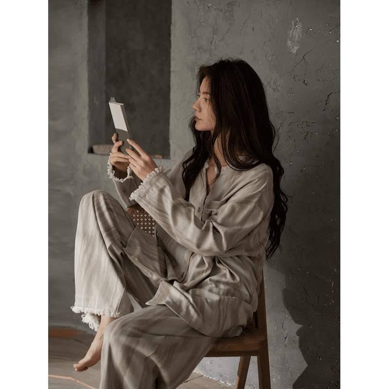 Pigiama da donna ChicShe primaverile con imbottiture a scacchi sfumate larghe taglie forti maniche lunghe stile francese abbigliamento estivo per la casa_voghion.com