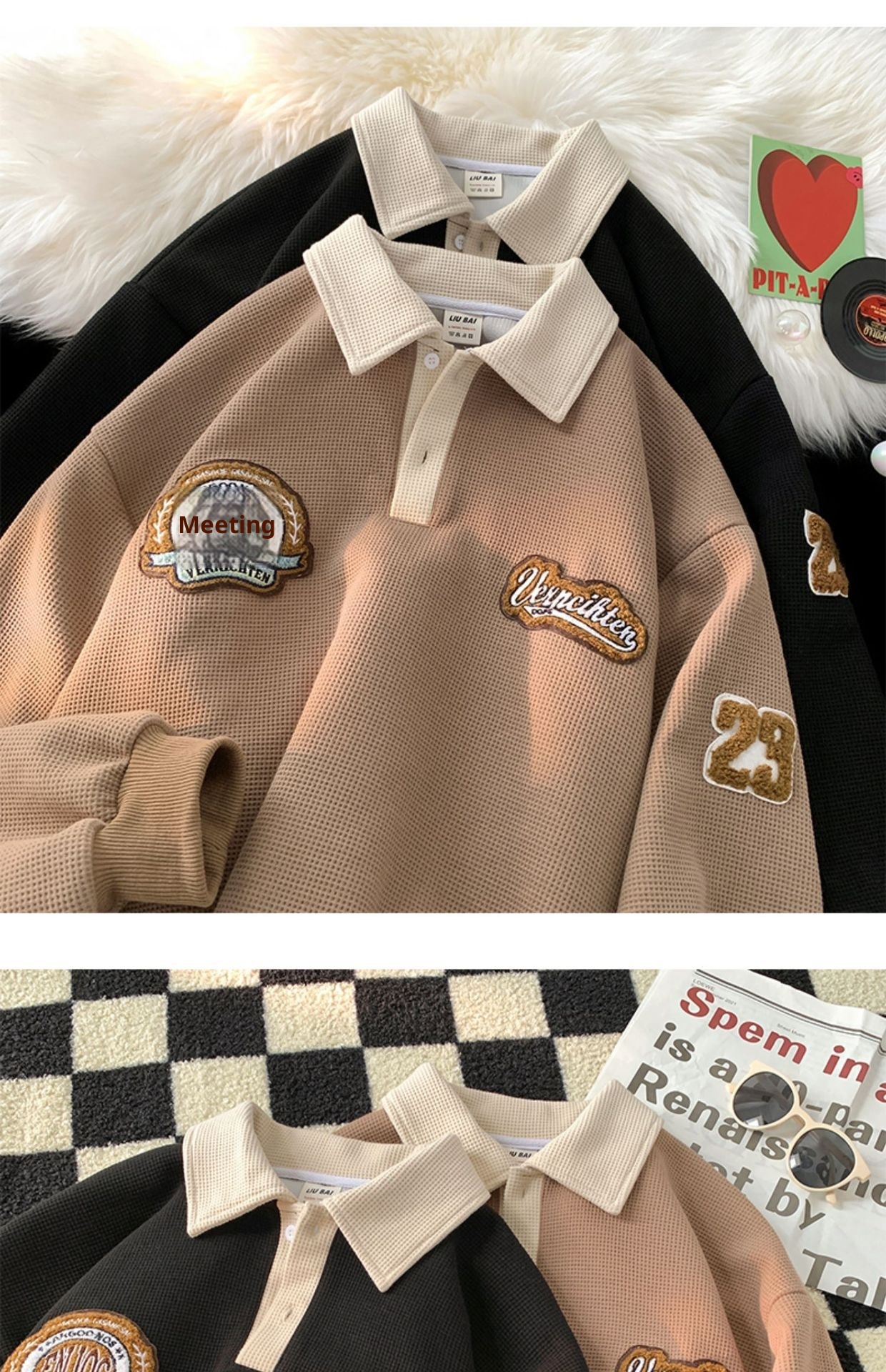 boy Boy Waffle Polo Sweatshirt For Men Spring Autumn Ins Trendy Brand Embroidered Turn-down Collar American Retro Heavyweight_voghion.com
