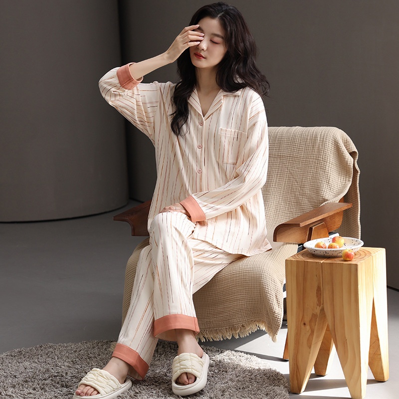 ChicShe Women's Cotton Pajamas With Chest Pads, Autumn New Sleeve Long Pants Cardigan Set, Suitable For Outdoor Wear, Casual_voghion.com