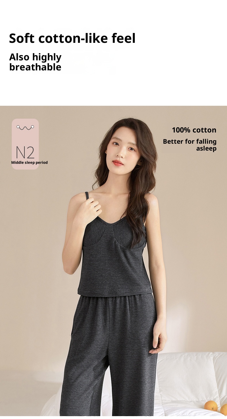 ChicShe Round Shell Three-Piece Pajamas For Women, Spring And Autumn, Pure Cotton, Long Sleeve, Camisole With Chest Pad,_voghion.com
