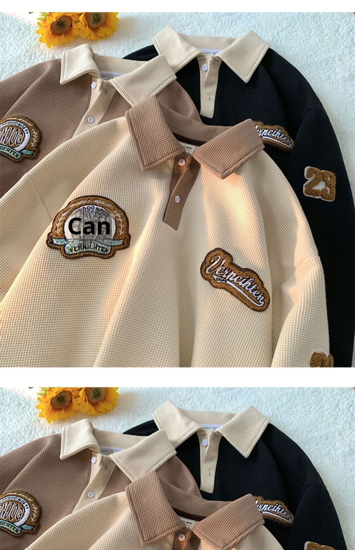 boy Boy Waffle Polo Sweatshirt For Men Spring Autumn Ins Trendy Brand Embroidered Turn-down Collar American Retro Heavyweight_voghion.com