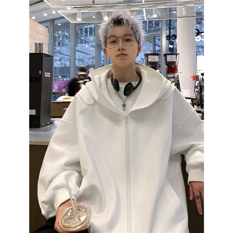 boy Boy Solid Color Cardigan Sweatshirt Men's 2024 Spring And Autumn New Style High-end Cool American Casual Loose Hoodie Jacket_voghion.com