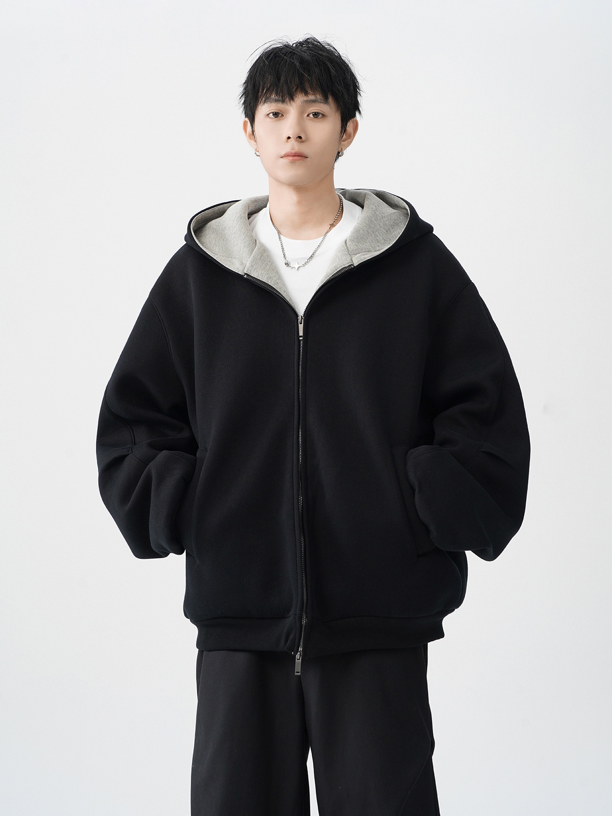 boy Boy Double Zipper Heavyweight Cardigan Sweatshirt Men's Trendy Loose Casual Stiff Color-Block American Retro Hoodie Jacket_voghion.com