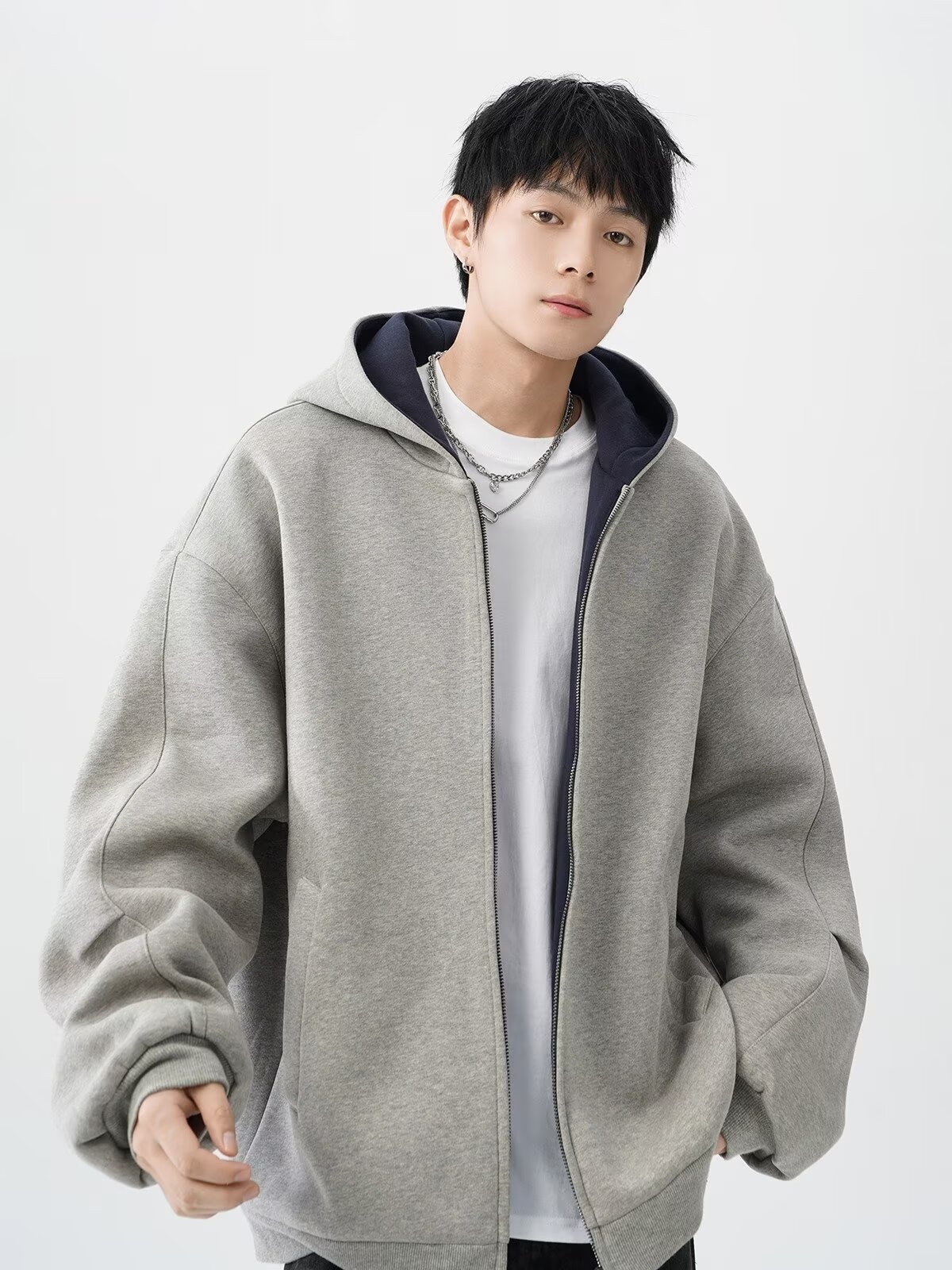 boy Boy American Style Heavyweight Double Zipper Hooded Sweatshirt For Men Spring Cool Casual Jacket Thickened Color-Block_voghion.com