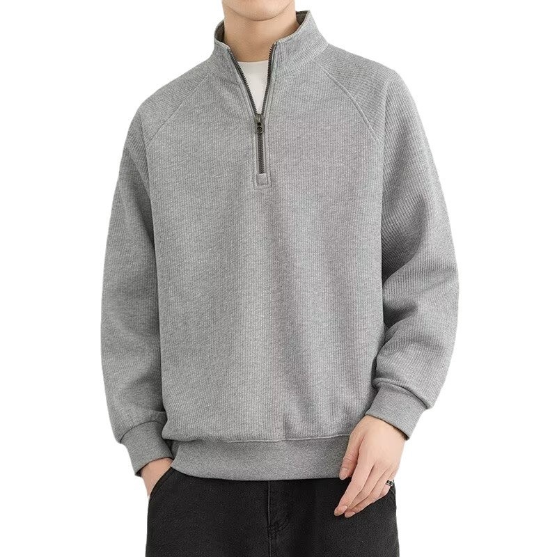 boy Boy Boy Half-Zip Stand Collar Sweatshirt Men, Spring, Autumn, Winter, American Retro Style, Fleece-Lined, Thickened, Solid_voghion.com
