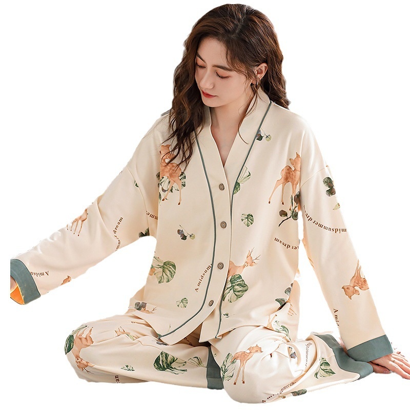 ChicShe Women's Pajamas Autumn 2023 New Pure Cotton Long Sleeve High-end Korean Style Casual Loose Double-sided Kimono Set_voghion.com