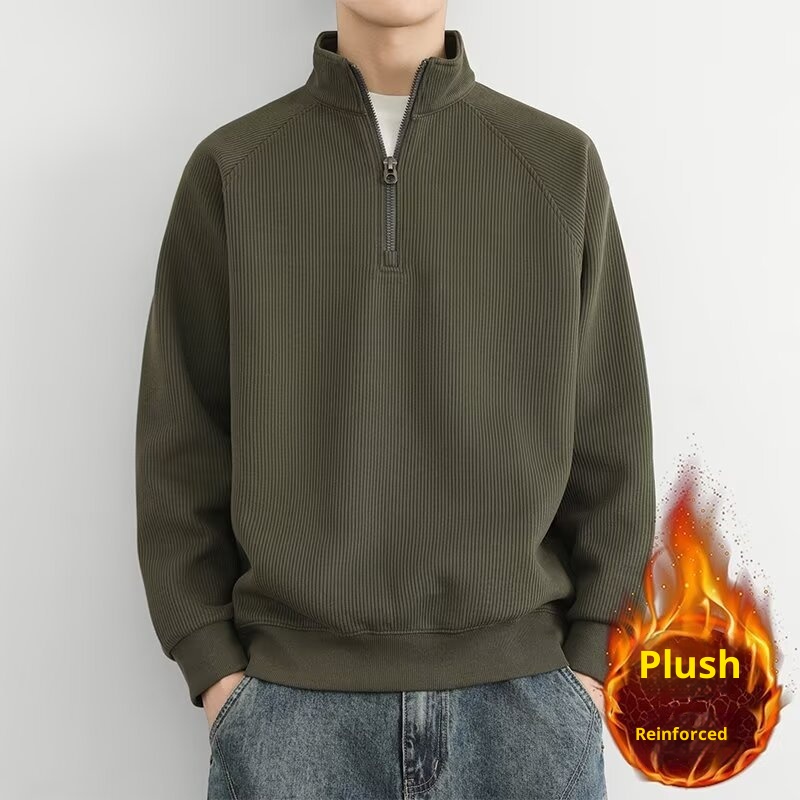 boy Boy Boy Half-Zip Stand Collar Sweatshirt Men, Spring, Autumn, Winter, American Retro Style, Fleece-Lined, Thickened, Solid_voghion.com
