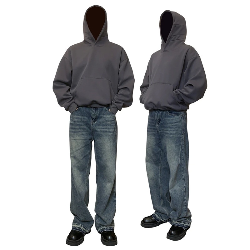 Schwarzes, kurzes, kastenförmiges Sweatshirt für Herren mit Kapuze, ideal für Frühling und Herbst. Schnitt: Amerikanischer Stil, schwere, steife Jacke mit Kapuze._voghion.com