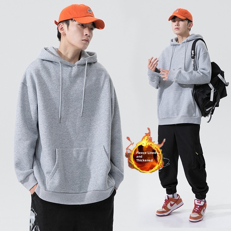 boy Boy Men's Sweatshirt Hong Kong Style Autumn Winter Fleece Lined Men Gray Versatile Basic Hooded Jacket Hoodie Trendy_voghion.com