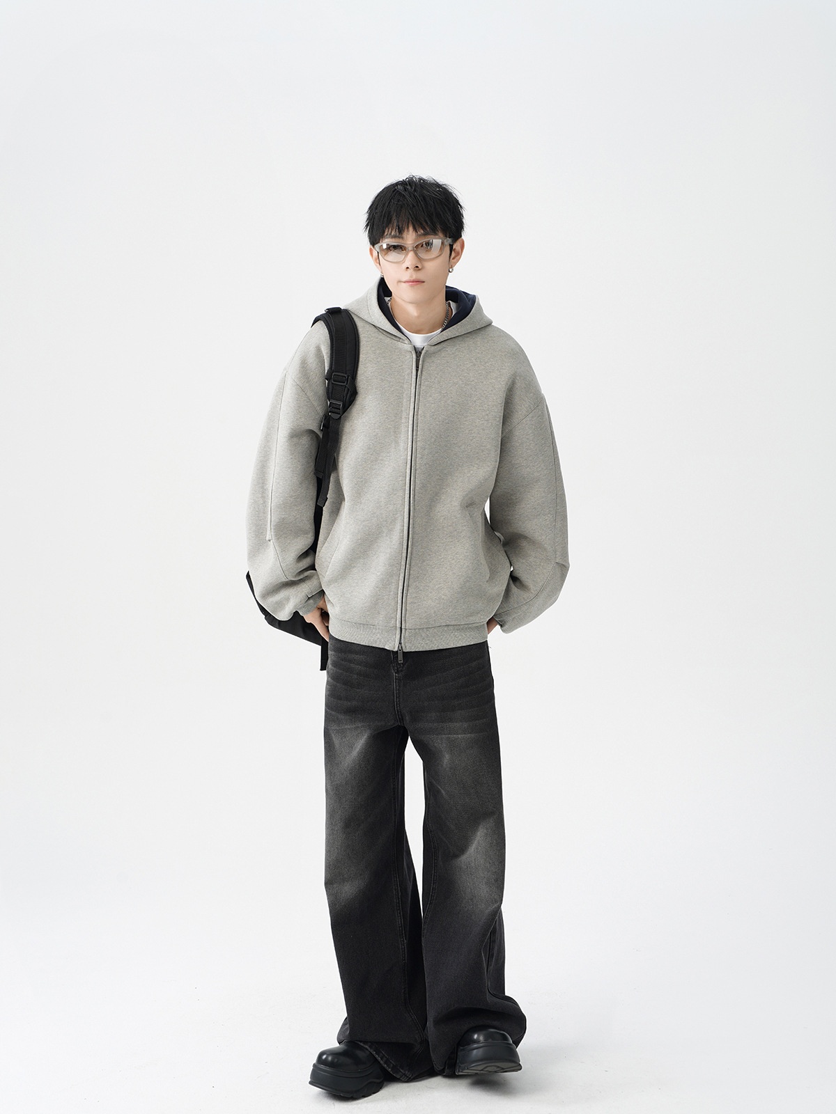 Herren-Cardigan mit doppeltem Reißverschluss, schweres Material, trendig, locker, lässig, steif, farblich abgesetzt, amerikanischer Retro-Hoodie_voghion.com