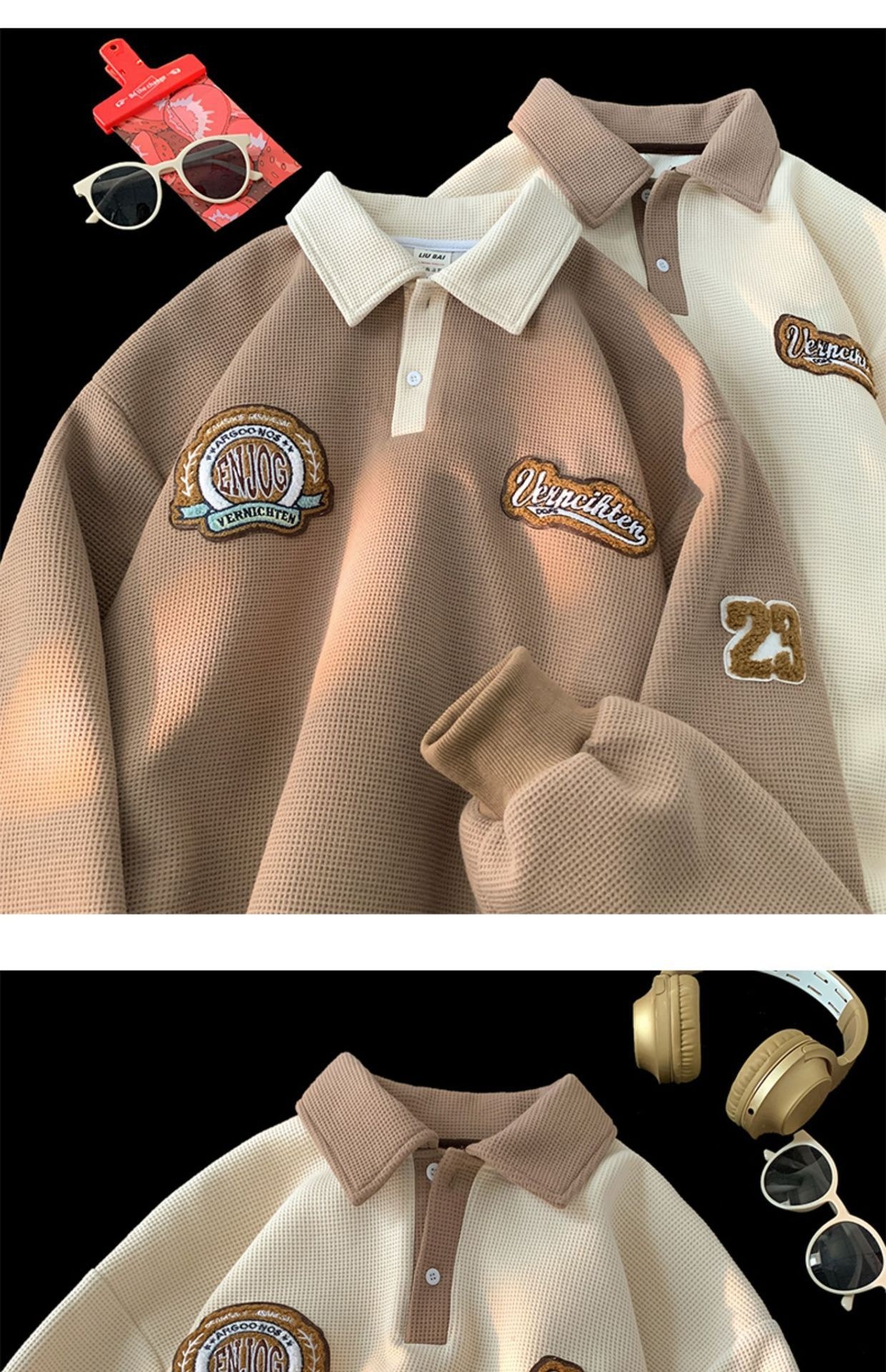 boy Boy Waffle Polo Sweatshirt For Men Spring Autumn Ins Trendy Brand Embroidered Turn-down Collar American Retro Heavyweight_voghion.com