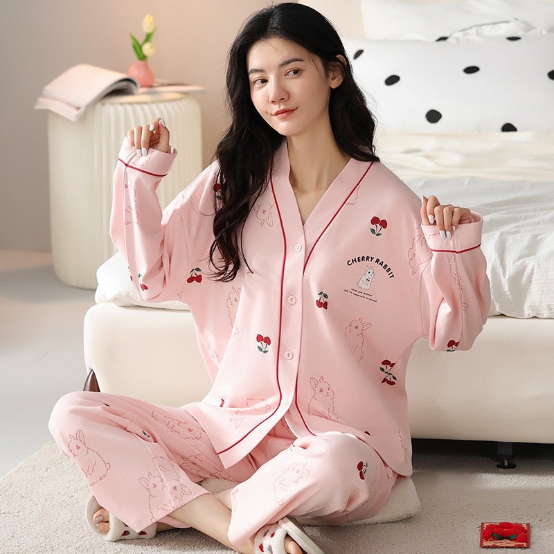 ChicShe Women's Pajamas Autumn 2023 New Pure Cotton Long Sleeve High-end Korean Style Casual Loose Double-sided Kimono Set_voghion.com