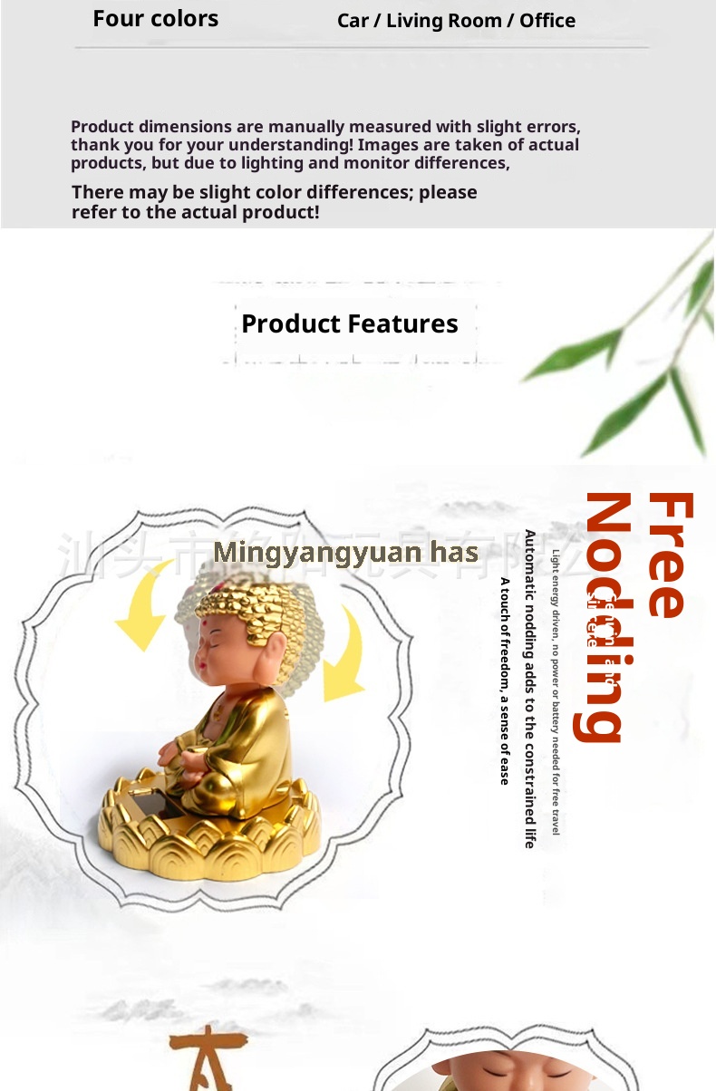 Solarbetriebene Nickleuchte, Tathagata-Ornament, Auto-Innenausstattung, Nationaler Trend, Figur des schwingenden Buddha, Grenzüberschreitend_voghion.com