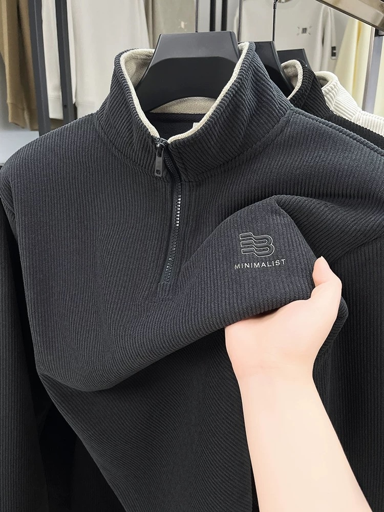 boy Boy Boy 2025 Neues Herren-Langarmshirt mit halbem Reißverschluss, sandfarbenem Kragen und Sweashir-Oberteil, warm gefüttert, für Frühling und Herbst_voghion.com