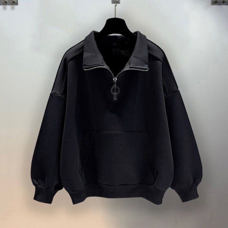 Felpa con cappuccio nera da uomo con mezza zip, giacca retrò americana con cappuccio e colletto rialzato primaverile, abbigliamento da uomo alla moda in stile street di fascia alta_voghion.com