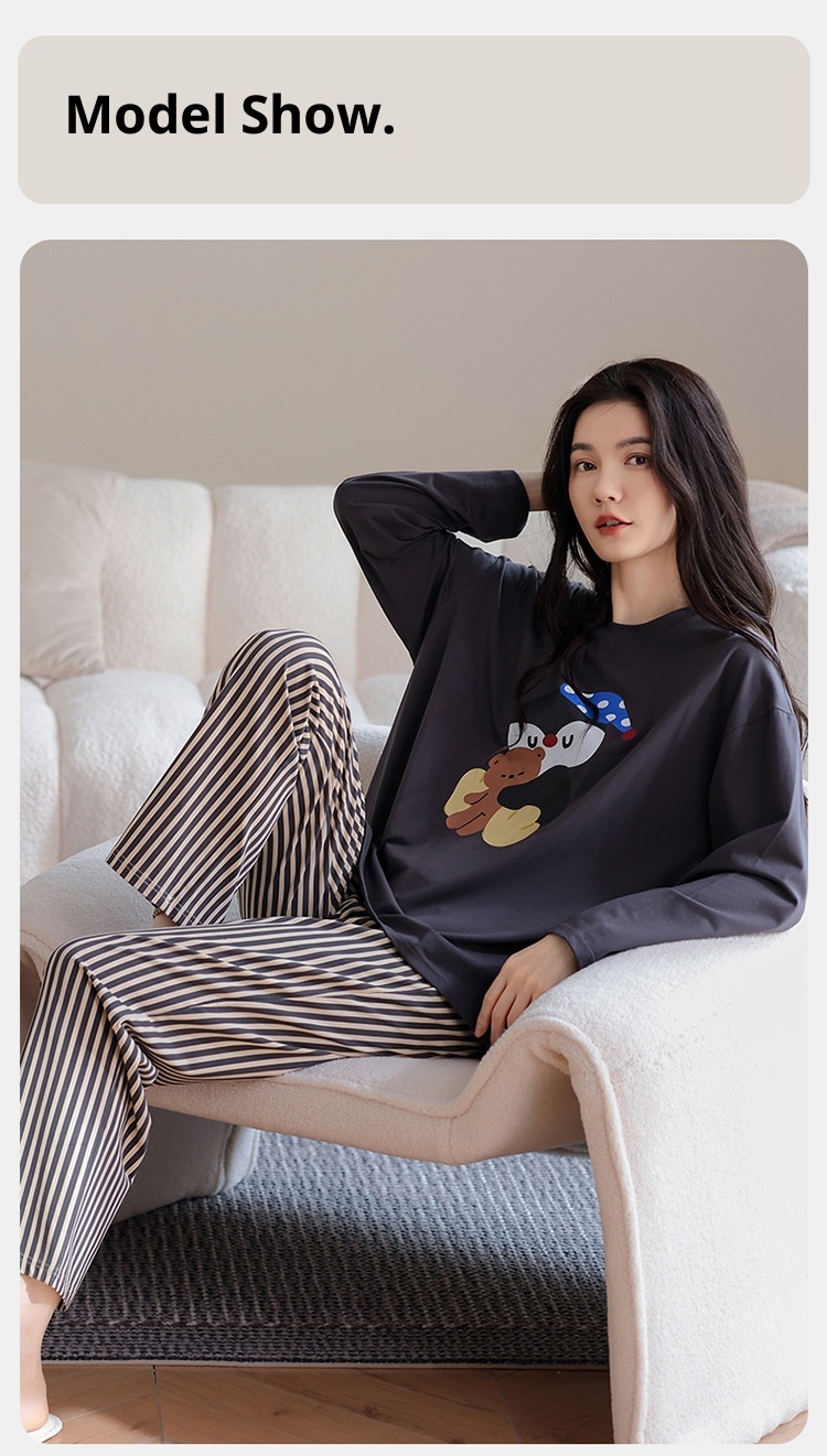 ChicShe Pyjama aus 100 % Baumwolle für Damen, Frühjahr/Herbst 2025: Neues, lässiges und lockeres Set mit Cartoon-Ärmeln, langen Hosen und Streifenmuster._voghion.com