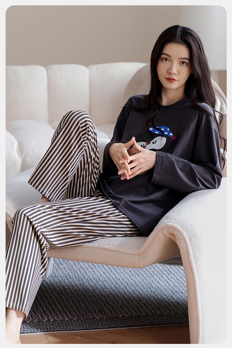 ChicShe Pyjama aus 100 % Baumwolle für Damen, Frühjahr/Herbst 2025: Neues, lässiges und lockeres Set mit Cartoon-Ärmeln, langen Hosen und Streifenmuster._voghion.com