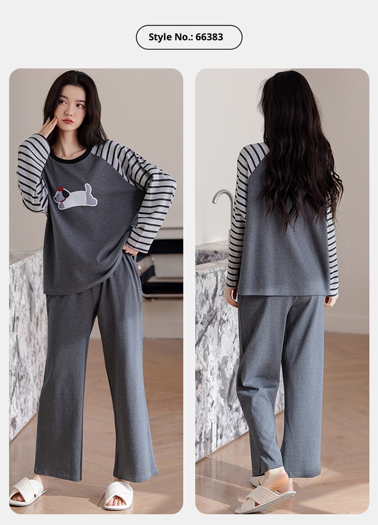 ChicShe Pyjama aus 100 % Baumwolle für Damen, Frühjahr/Herbst 2025: Neues, lässiges und lockeres Set mit Cartoon-Ärmeln, langen Hosen und Streifenmuster._voghion.com