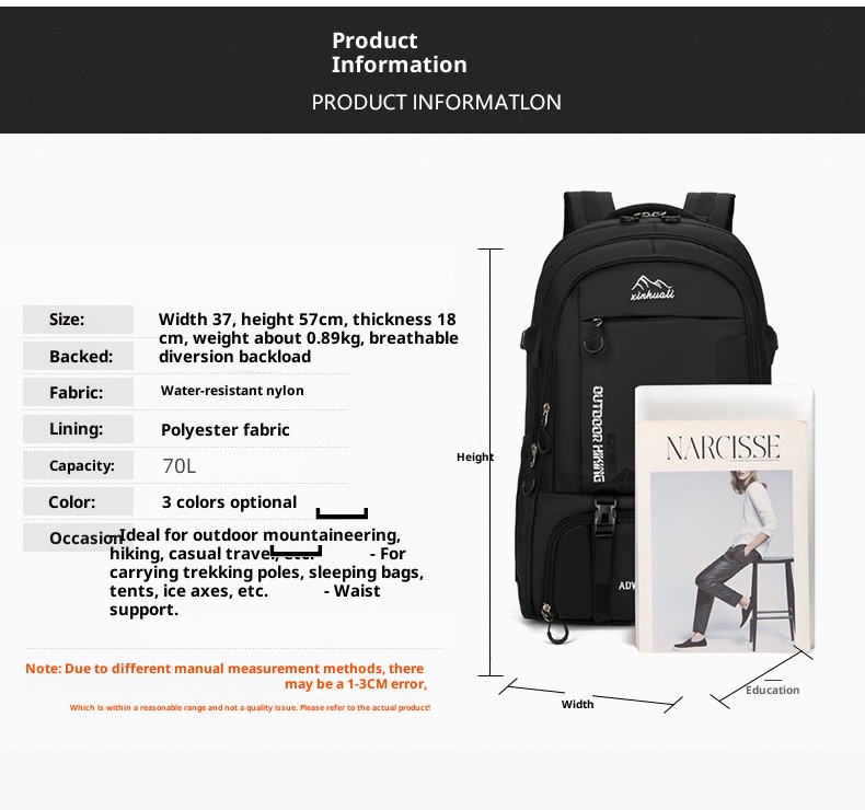 Zaino da uomo ActiveGo Cross-Border Hiking Travel con doppia tracolla, borsa sportiva da esterno, 70 litri, grande capacità_voghion.com