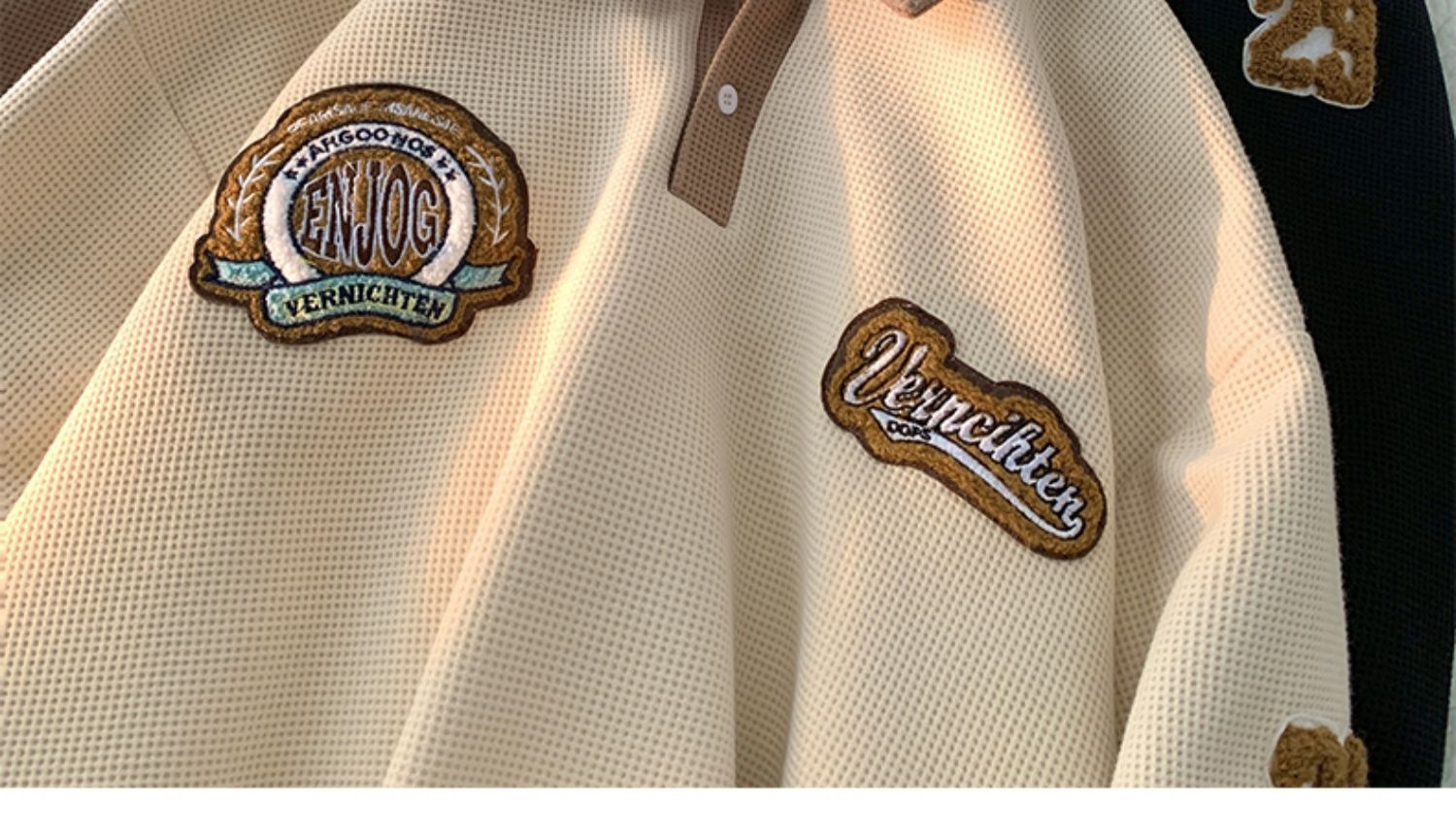 boy Boy Waffle Polo Sweatshirt For Men Spring Autumn Ins Trendy Brand Embroidered Turn-down Collar American Retro Heavyweight_voghion.com