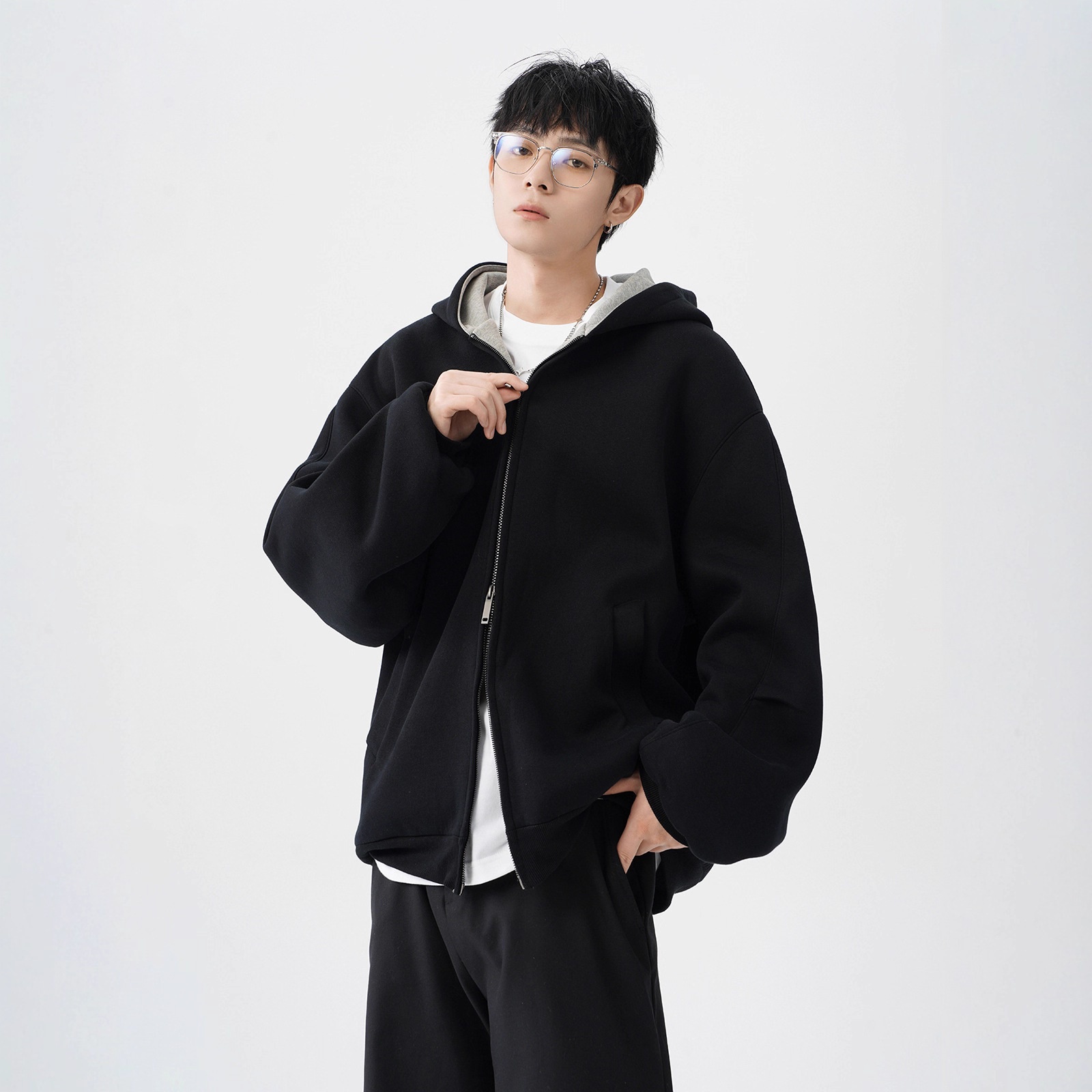 boy Boy Double Zipper Heavyweight Cardigan Sweatshirt Men's Trendy Loose Casual Stiff Color-Block American Retro Hoodie Jacket_voghion.com