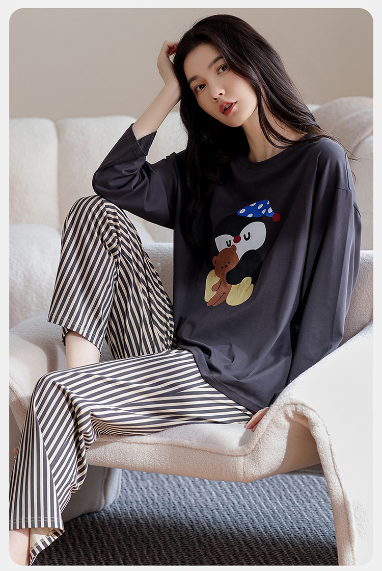 ChicShe Pyjama aus 100 % Baumwolle für Damen, Frühjahr/Herbst 2025: Neues, lässiges und lockeres Set mit Cartoon-Ärmeln, langen Hosen und Streifenmuster._voghion.com