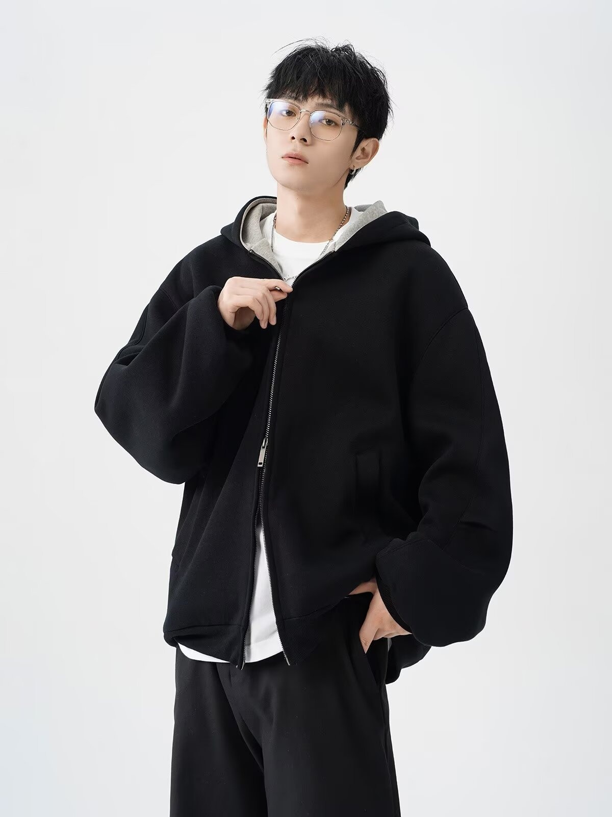 boy Boy American Style Heavyweight Double Zipper Hooded Sweatshirt For Men Spring Cool Casual Jacket Thickened Color-Block_voghion.com