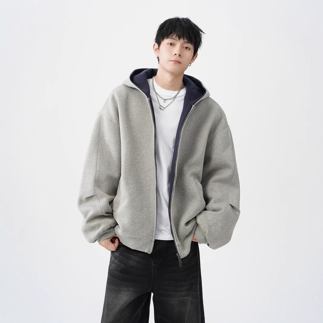 Herren-Cardigan mit doppeltem Reißverschluss, schweres Material, trendig, locker, lässig, steif, farblich abgesetzt, amerikanischer Retro-Hoodie_voghion.com