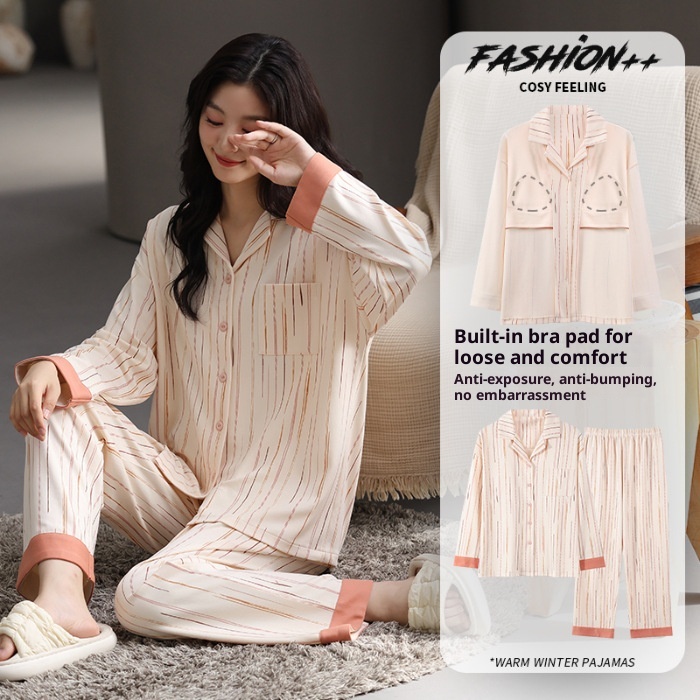 ChicShe Women's Cotton Pajamas With Chest Pads, Autumn New Sleeve Long Pants Cardigan Set, Suitable For Outdoor Wear, Casual_voghion.com