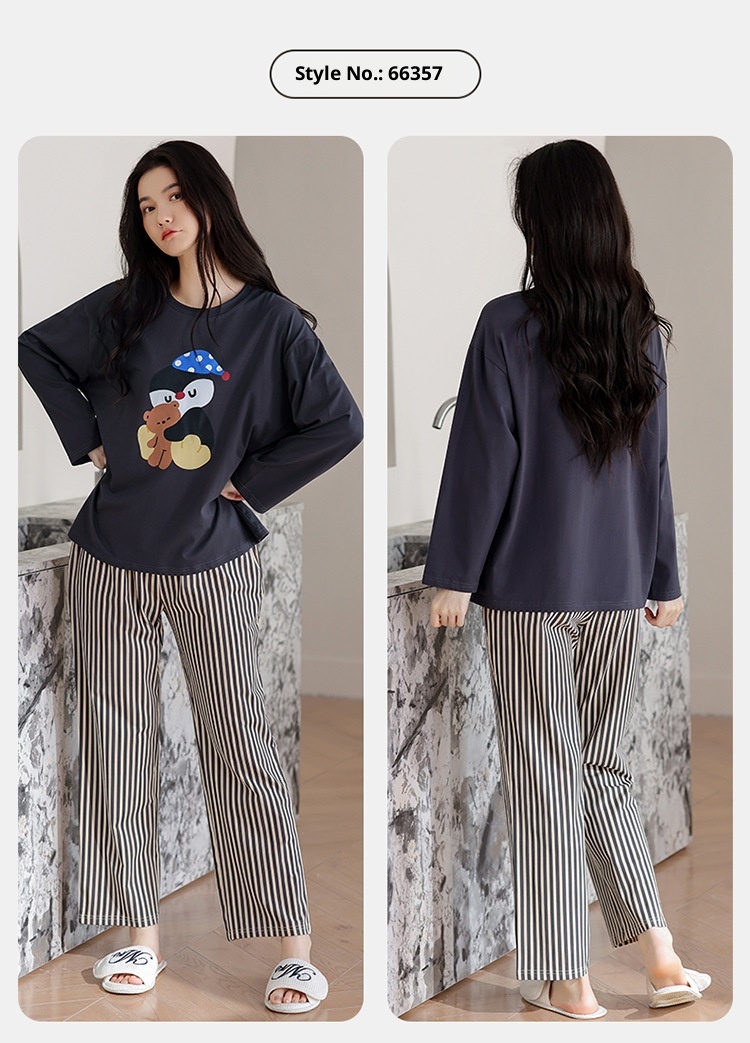 ChicShe Pyjama aus 100 % Baumwolle für Damen, Frühjahr/Herbst 2025: Neues, lässiges und lockeres Set mit Cartoon-Ärmeln, langen Hosen und Streifenmuster._voghion.com