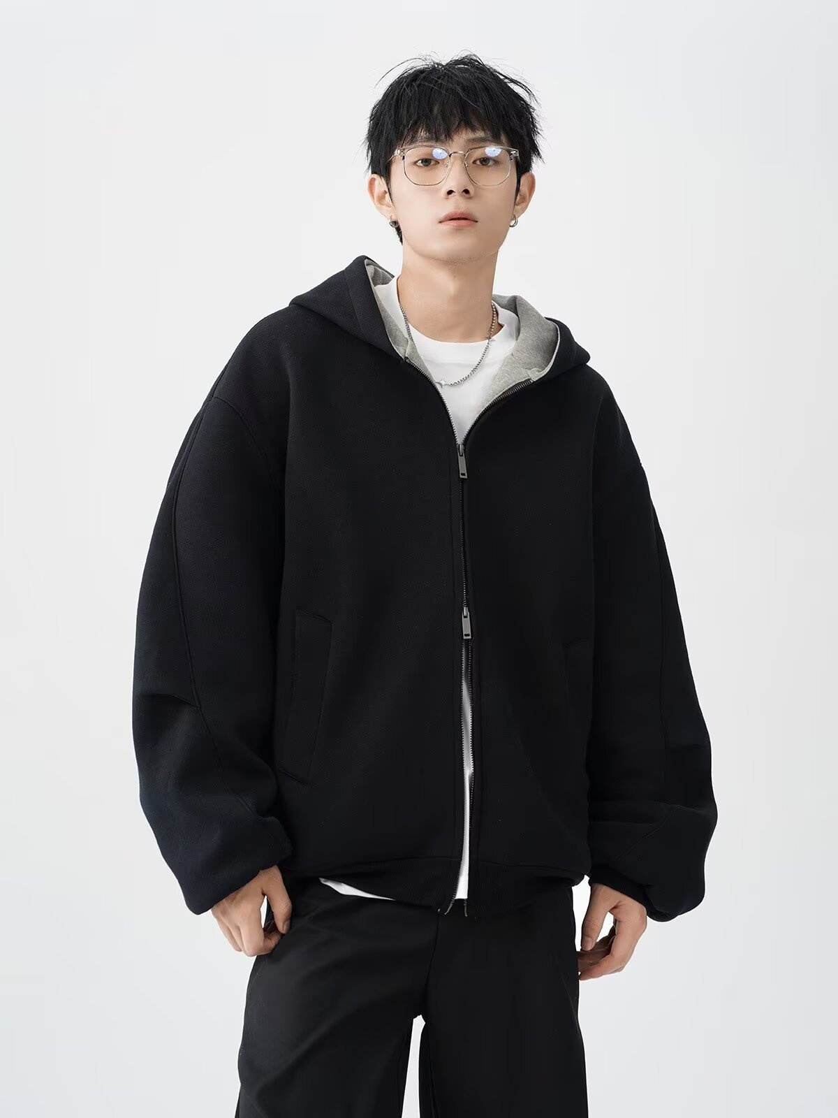 boy Boy American Style Heavyweight Double Zipper Hooded Sweatshirt For Men Spring Cool Casual Jacket Thickened Color-Block_voghion.com