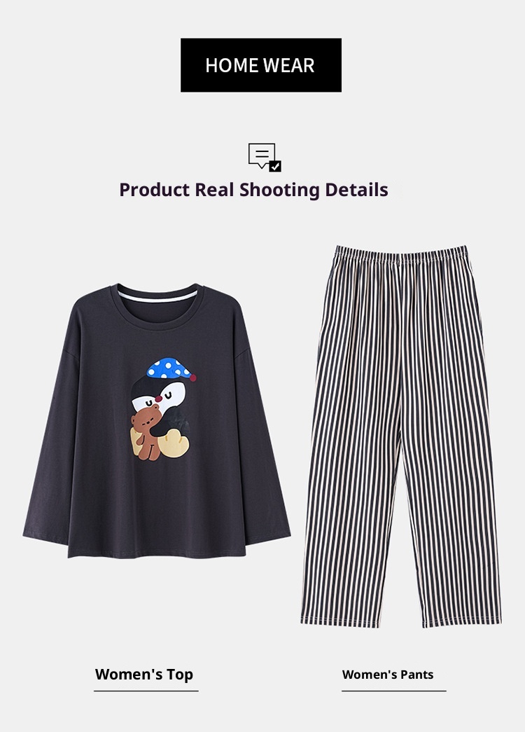 ChicShe Pyjama aus 100 % Baumwolle für Damen, Frühjahr/Herbst 2025: Neues, lässiges und lockeres Set mit Cartoon-Ärmeln, langen Hosen und Streifenmuster._voghion.com