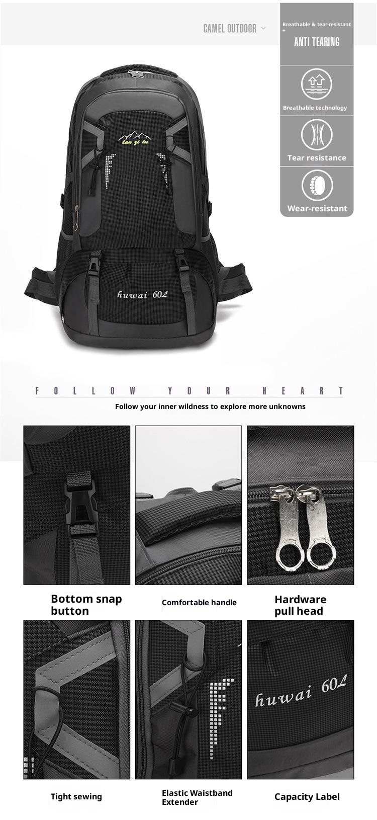 ActiveGo 60L Large Capacity Outdoor Hiking Water-Resistant Nylon Bag Couple Casual Sports Travel Backpack_voghion.com