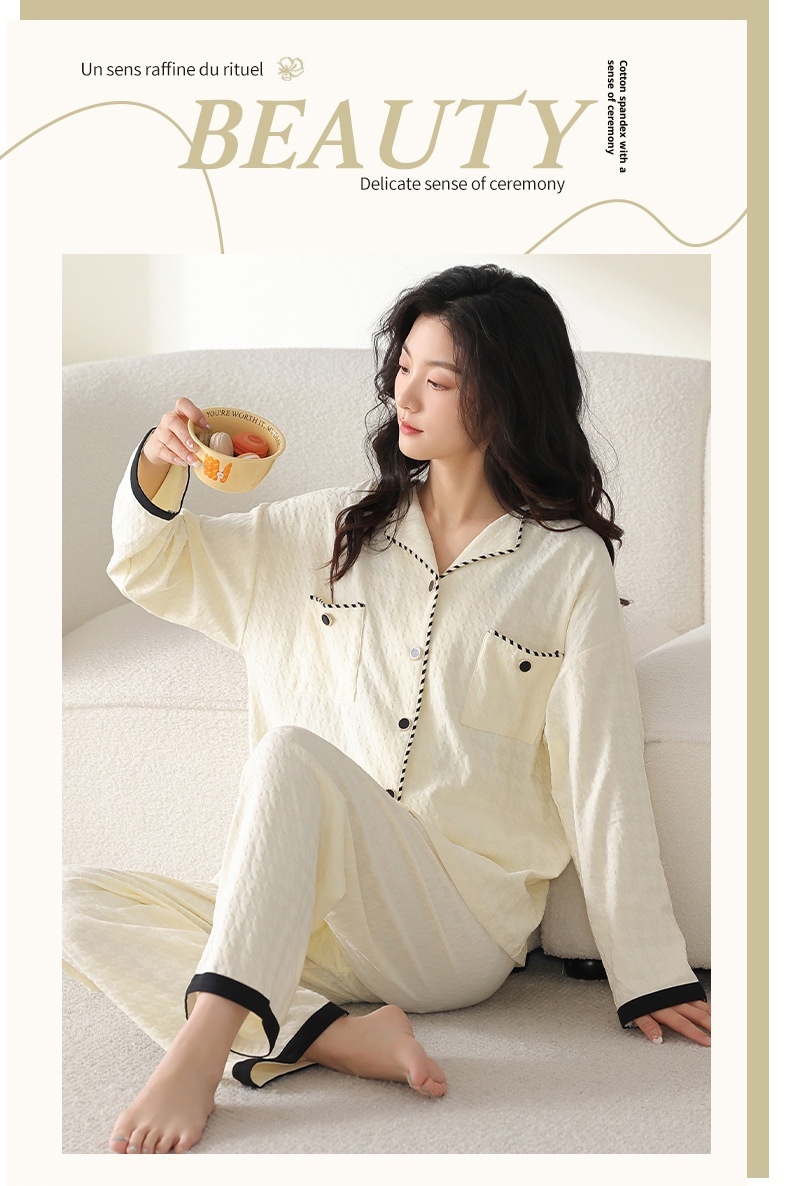 Pigiama da donna in puro cotone con motivo pied de poule ChicShe, primavera-estate, nuovo cardigan con colletto rovesciato e maniche lunghe_voghion.com