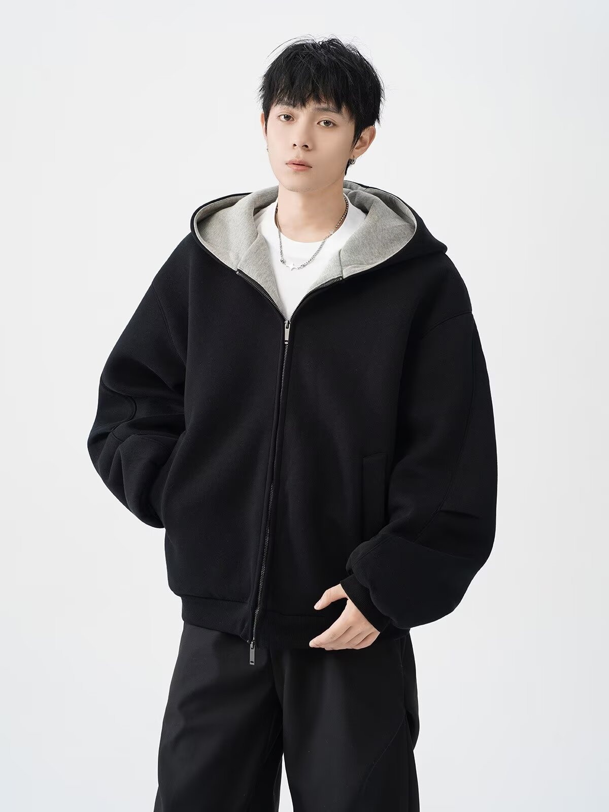boy Boy American Style Heavyweight Double Zipper Hooded Sweatshirt For Men Spring Cool Casual Jacket Thickened Color-Block_voghion.com