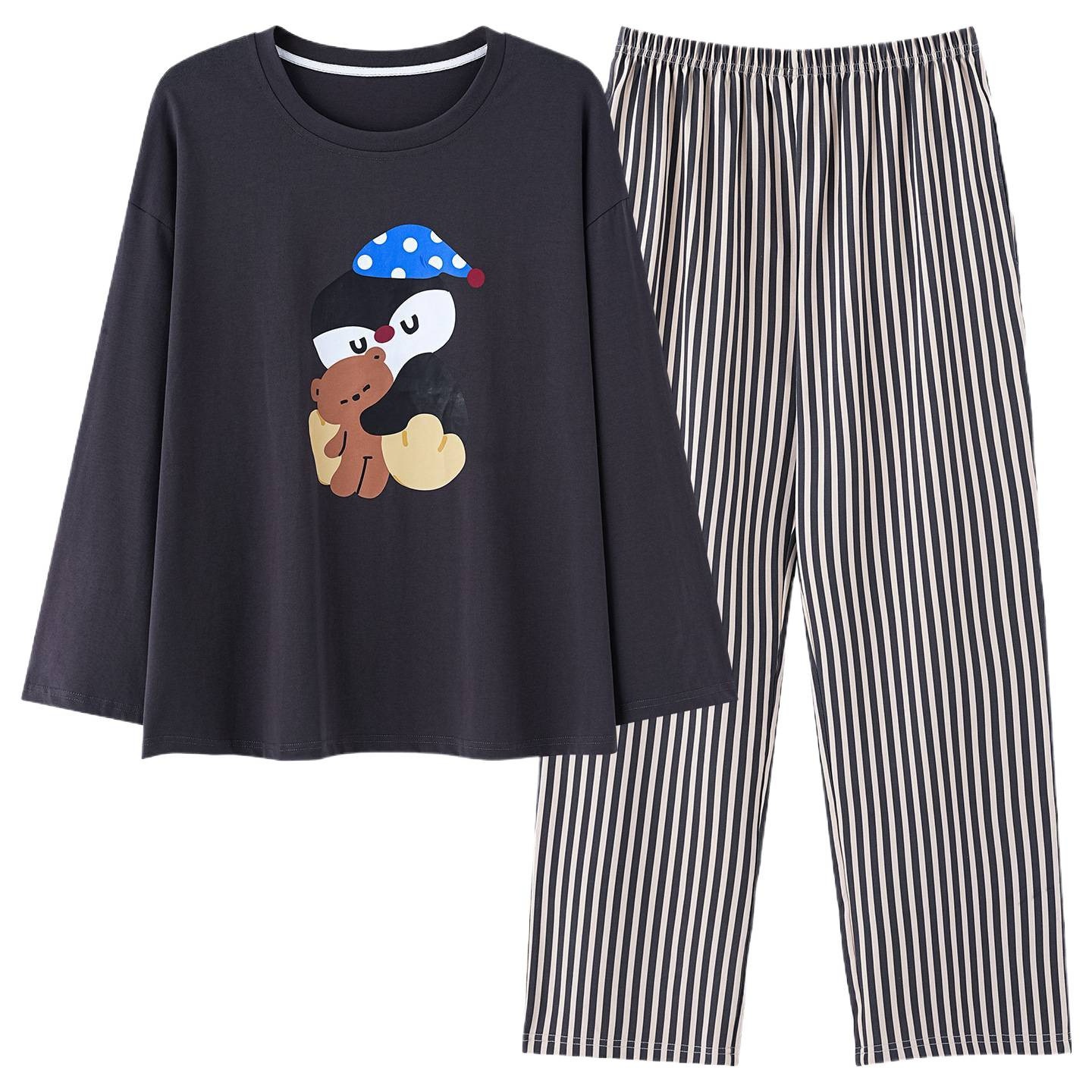 ChicShe Pyjama aus 100 % Baumwolle für Damen, Frühjahr/Herbst 2025: Neues, lässiges und lockeres Set mit Cartoon-Ärmeln, langen Hosen und Streifenmuster._voghion.com