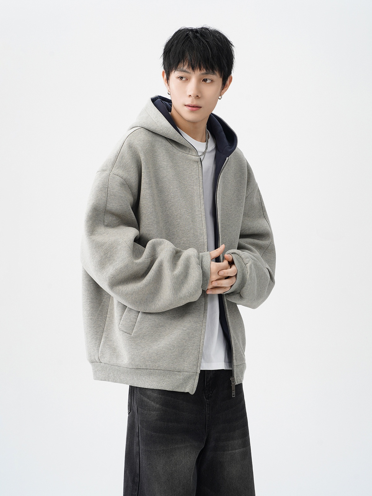 boy Boy Double Zipper Heavyweight Cardigan Sweatshirt Men's Trendy Loose Casual Stiff Color-Block American Retro Hoodie Jacket_voghion.com