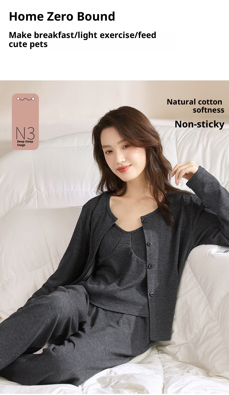 ChicShe Round Shell Three-Piece Pajamas For Women, Spring And Autumn, Pure Cotton, Long Sleeve, Camisole With Chest Pad,_voghion.com
