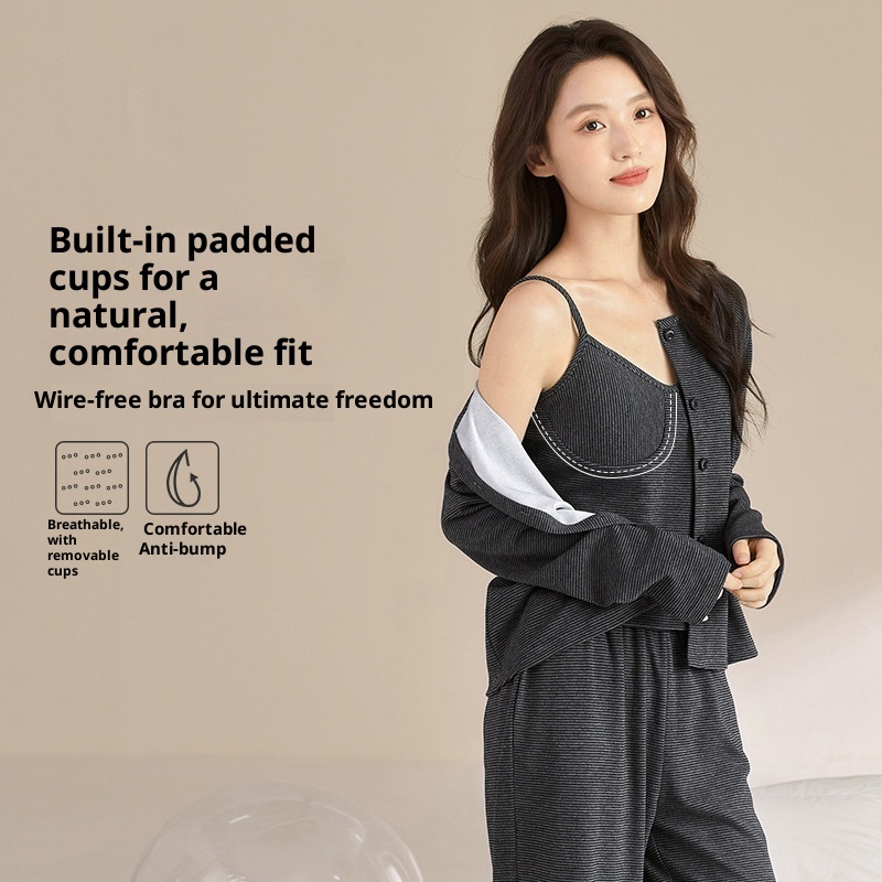 ChicShe Round Shell Three-Piece Pajamas For Women, Spring And Autumn, Pure Cotton, Long Sleeve, Camisole With Chest Pad,_voghion.com