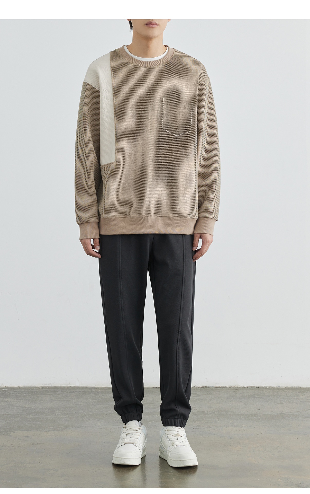 boy Boy Fleece-Lined Thickened High-End Patchwork Crew Neck Men's Sweatshirt 2025 Spring And Autumn New Loose Pullover Top_voghion.com