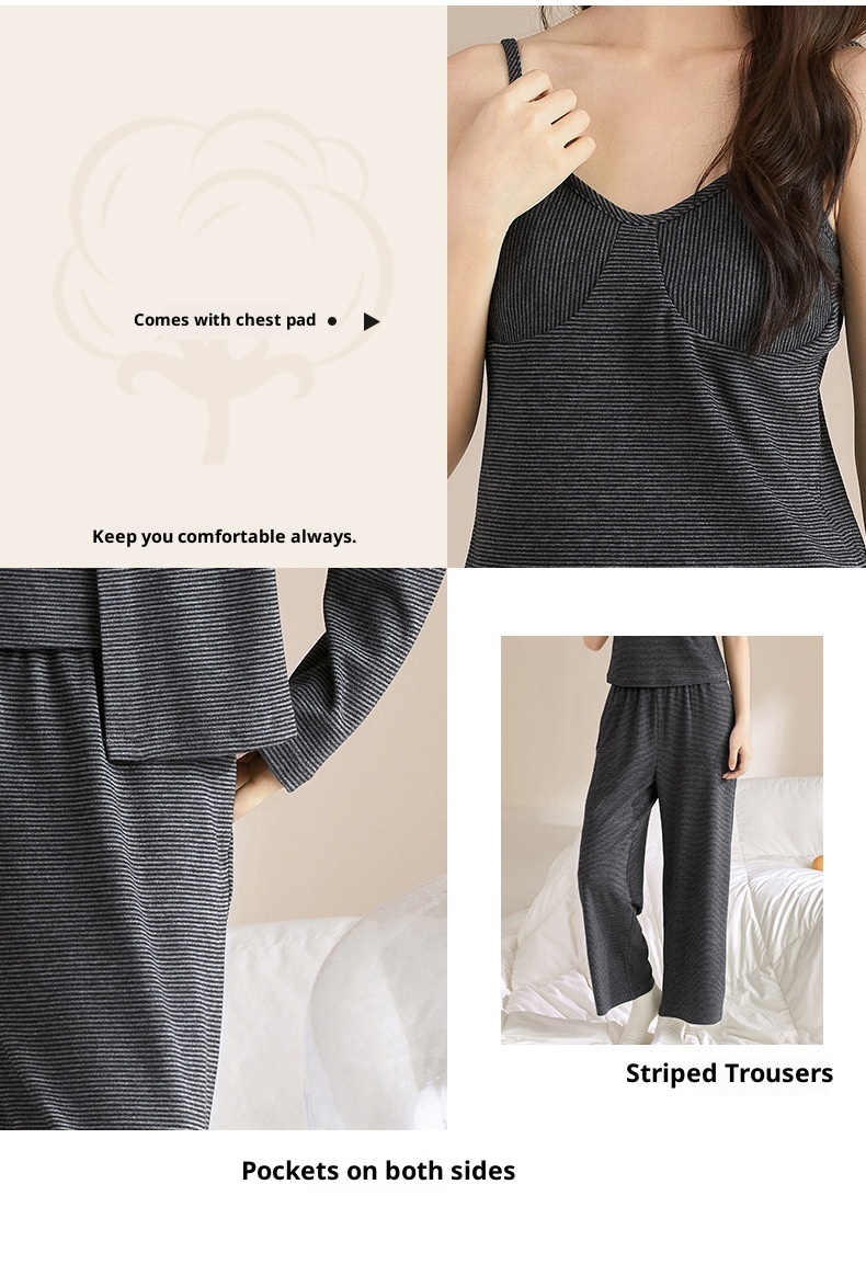 ChicShe Round Shell Three-Piece Pajamas For Women, Spring And Autumn, Pure Cotton, Long Sleeve, Camisole With Chest Pad,_voghion.com