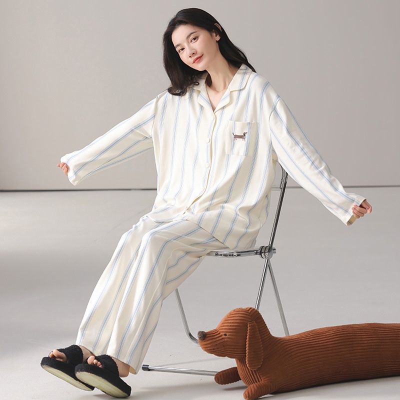 ChicShe 2025 Spring And Autumn Simple Casual Pure Cotton Women's Pajamas Sleeve Long Pants Cardigan Style Breathable Comfortable_voghion.com