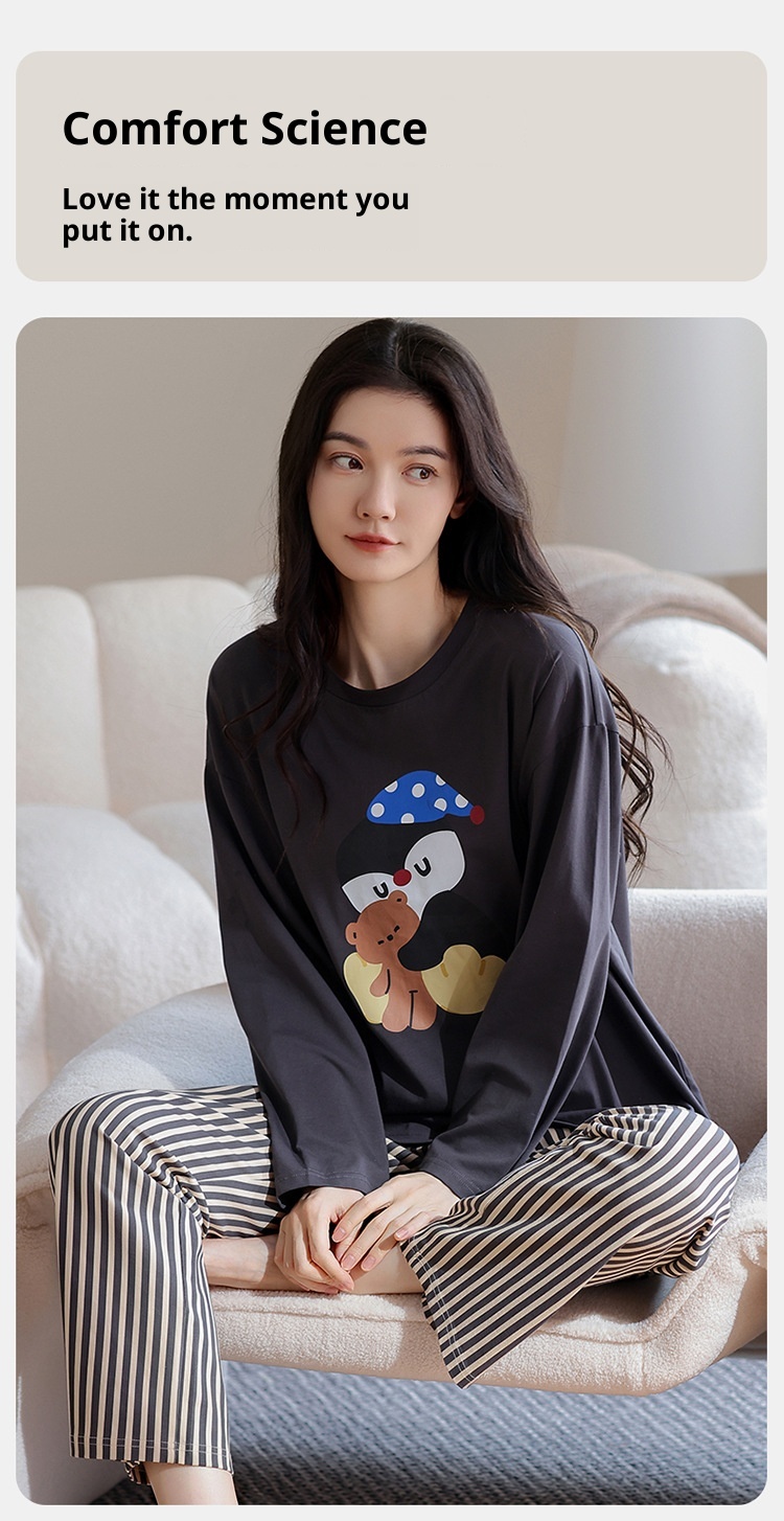 ChicShe Pyjama aus 100 % Baumwolle für Damen, Frühjahr/Herbst 2025: Neues, lässiges und lockeres Set mit Cartoon-Ärmeln, langen Hosen und Streifenmuster._voghion.com