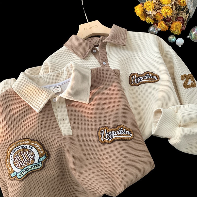boy Boy Waffle Polo Sweatshirt For Men Spring Autumn Ins Trendy Brand Embroidered Turn-down Collar American Retro Heavyweight_voghion.com